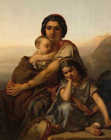 一个有两个孩子的吉普赛人`A gypsy with two children (1852) by Louis Gallait