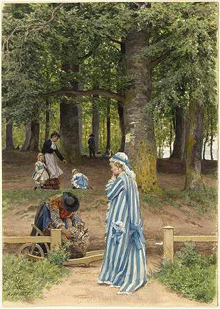 艺术家她的妻子和女儿在赫林斯多夫的一个公园里`The Artists Wife and Daughters in a Park at Heringsdorf (1877) by Anton von Werner