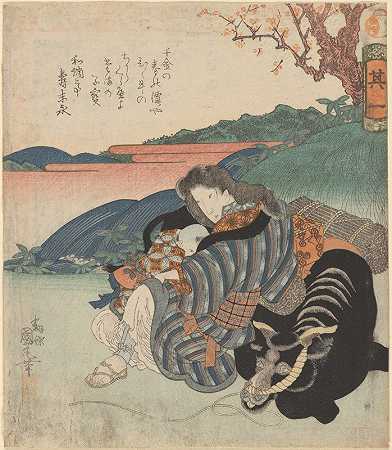 母亲靠着一头公牛在哺乳孩子`Mother Nursing Child, Leaning on a Bull (19th century) by Utagawa Kunimaru