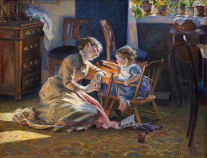 客厅里的阳光。艺术家妻子和孩子`Sunshine in the Living Room. The Artists Wife and Child (1888) by Viggo Pedersen