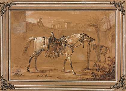 在院子里备好鞍的阿拉伯马`Saddled Arabian Horse in Courtyard (1820) by Carle Vernet