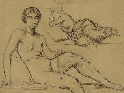 裸体女人坐着，半裸女人躺着`Femme nue assise et femme demie~nue couchée (19th century) by Jean-Achille Benouville
