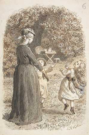 一位母亲和两个孩子扮演盲人这是虚张声势`A Mother and Two Children Playing Blind Mans Bluff (1835–1903) by Lorenz Frølich