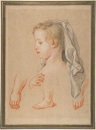 一个小女孩的头，手和右脚的研究`Head of a Young Girl and Studies of Hands and of her Right Foot by Charles De La Fosse