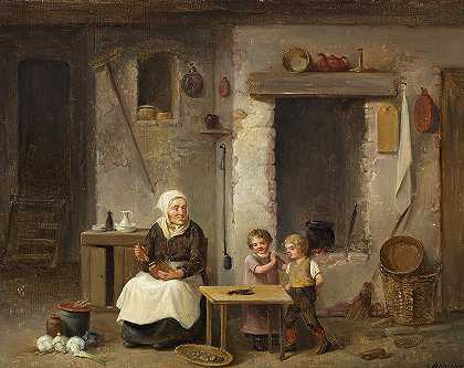 厨房屋内，两个孩子在看龙虾`Køkkeninteriør med to børn, der betragter en hummer by Christian Andreas Schleisner