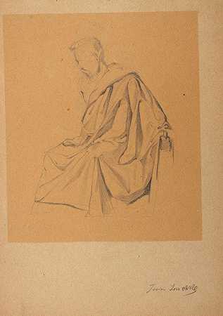 图：一个男人坐在左边，穿着一件衣服`Figurenstudie eines nach links Sitzenden, mit einem Tuch bekleideten Mannes by Franz Jaschke