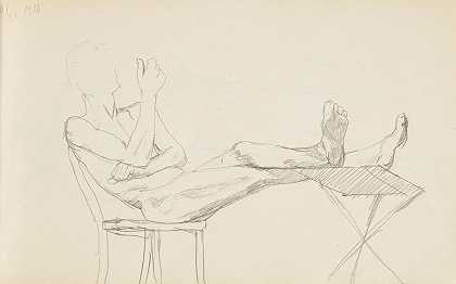坐在三脚架椅子上的人拿着腿的行为`Akt siedzącego mężczyzny trzymającego nogi na krzesełku typu trójnóg (1908) by Adolf Sternschuss