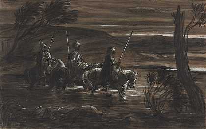三名阿拉伯骑手过河`Three Arab Horsemen Crossing A River (c. 1835) by Alexandre-Gabriel Decamps