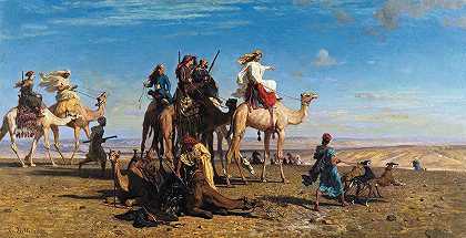 埃及的瞪羚狩猎`Gazelle Hunt In Egypt (1857) by Léon-Adolphe-Auguste Belly