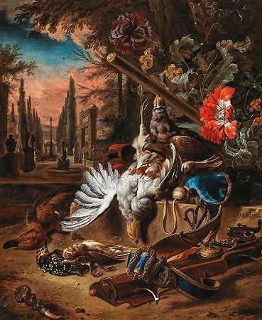 公园景观中的鹧鸪、鸣禽、鸭子、枪和鹌鹑`Partridges, songbirds, a duck, a gun and a quailwistle in a parkland landscape (1695) by Jan Weenix