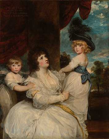 哈灵顿伯爵夫人简及其儿子彼得森子爵和尊敬的林肯·斯坦霍普的肖像`Portrait of Jane, Countess of Harrington, with her Sons, the Viscount Petersham and the Honorable Lincoln Stanhope (1786–87) by Sir Joshua Reynolds