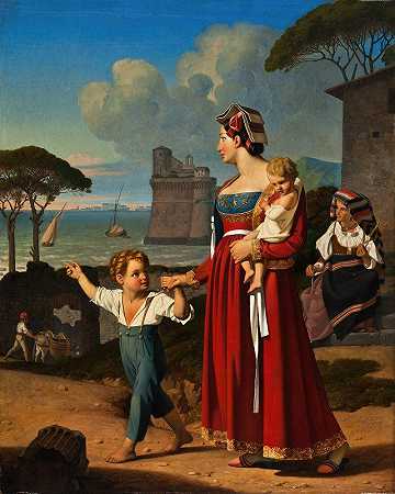 一位年轻的意大利妇女带着她的孩子和一位纺纱的老妇人，内图诺`A Young Italian Woman With Her Children And An Old Woman Spinning, Nettuno (1831) by Niels Peter Holbech