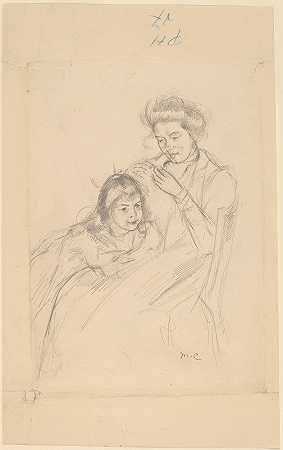 玛戈特倚着雷恩膝盖`Margot Leaning against Reines Knee (c. 1902) by Mary Cassatt