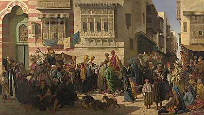 一位酋长和他的儿子从麦加朝圣返回开罗`A Sheikh and his son entering Cairo on their return from a pilgrimage to Mecca by Robert Dowling