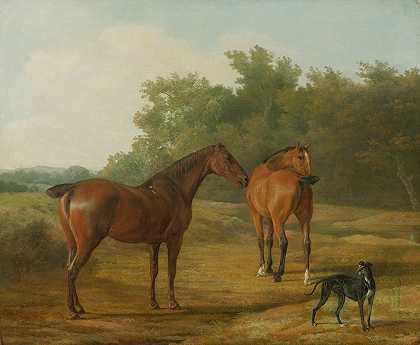 风景中的两匹马和一只灰狗`Two Horses And a Greyhound In A Landscape by Jacques-Laurent Agasse