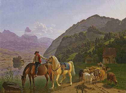 骑着两匹马和牛群的骑手`Rider With Two Horses And Herd (1809) by Johann Jakob Biedermann