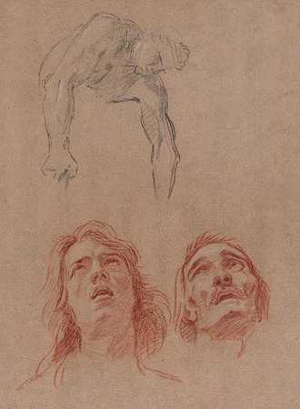 人类俯冲和两项头部研究（recto）`Man Reaching Down and Two Studies of Heads (recto) (before 1698) by Jean Jouvenet