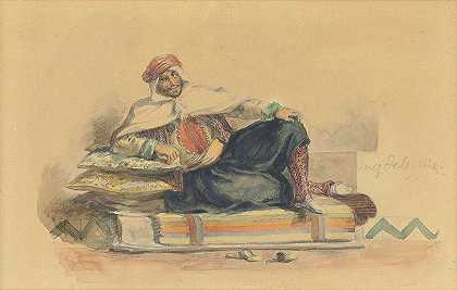 坐在矮沙发上的柏柏尔人`A Berber seated on a low couch by Eugène Delacroix