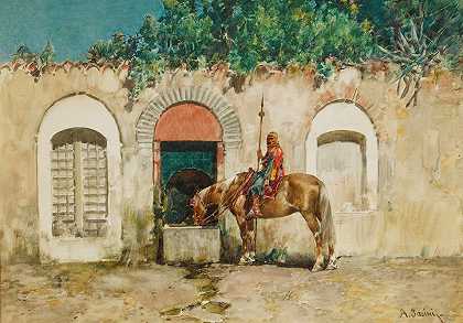 喷泉旁的骑手`Horseman At A Fountain by Alberto Pasini