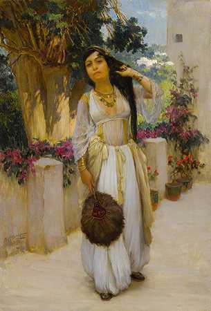 阿尔及尔的女人在阳台上`Woman of Algiers on a Veranda (1893) by Frederick Arthur Bridgman