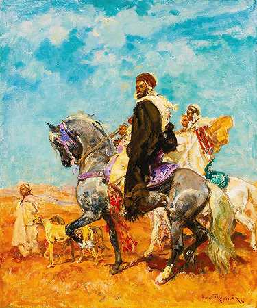 沙漠中的阿拉伯骑士`Cavaliers Arabes Dans Le Desert by Henri Émilien Rousseau
