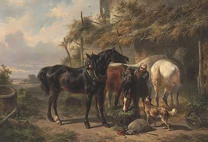 马厩外的马`Horses Outside A Stable by Wouterus Verschuur