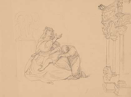 一位带着两个孩子的妇女伸出一只手乞讨`A woman with two children with a hand extended in a gesture of begging (1856) by Józef Simmler