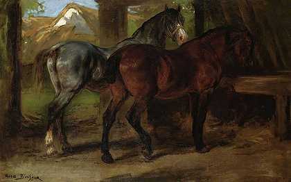 马厩里的两匹马`Two Horses In A Stable by Rosa Bonheur