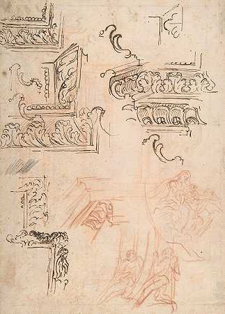 研究建筑造型，研究圣母和圣徒跪下的孩子，以及两个天使支撑的框架`Studies of Architectural Moldings, of the Virgin and Child with a Kneeling Saint, and of Two Angels Supporting Frames (1611–89) by Baldassarre Franceschini
