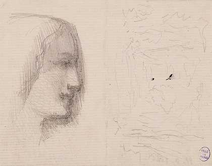 右侧女性侧面和景观示意图`Profil de femme à droite et schéma de paysage by Narcisse-Virgile Diaz de La Peña