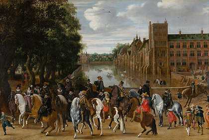 奥兰治王子和他们的家人骑着马，从海牙的Buitenhof出发`The Princes of Orange and their Families on Horseback, Riding Out from The Buitenhof, The Hague (c. 1621 ~ 1622) by Pauwels van Hillegaert