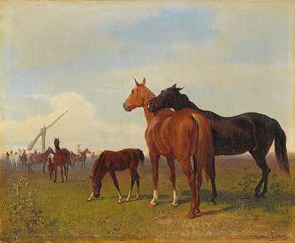 普什塔河上的马`Horses on the Puszta by Emil Volkers