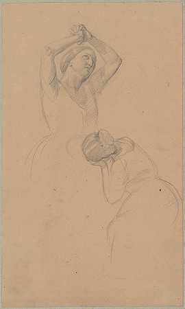 画中两位女性人物的素描圣约萨法特·昆采维奇殉道`Sketch of two female figures to the painting ;Martyrdom of St. Josaphat Kuntsevych (1861) by Józef Simmler