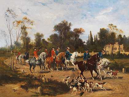 骑马`Höfischer Ausritt (Ca. 1880~90) by Jan Van Chelminski