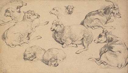 绵羊、山羊和狗的研究表`Sheet of Studies with Sheep, Goats, and Dogs (c. 1780) by Jean-Baptiste Huet
