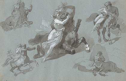 尼索斯和德贾尼拉摆了四个姿势，还有垂死的尼索斯`Nessus and Dejanira in Four Poses, and the Dying Nessus (1830s) by Hippolyte Lalaisse