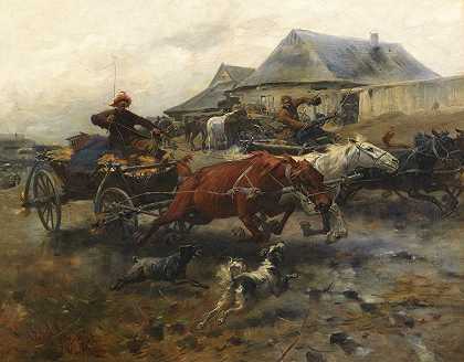 当前任务`Dahinjagende Fuhrwerke (Ca. 1870~1890) by Jozef Brandt