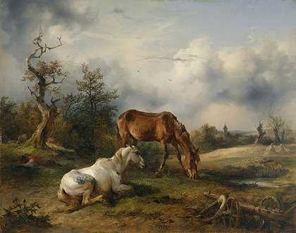 牧场上的霉菌和狐狸`Schimmel und Fuchs auf der Weide (c1825) by Friedrich August Matthias Gauermann