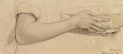 周六晚上的我们的小姐——研究拿着一碗水的天使的手臂和手`Oure Ladye of Saturday Night – Study of Arm and Hands for Angel Holding Bowl of Water by Ford Madox Brown
