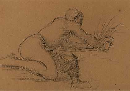 赤身裸体的男人用镰刀割草`Homme nu accroupi coupant des herbes avec une faucille (1873) by Pierre Puvis de Chavannes