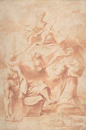 帕多瓦的圣安东尼和隐士面前出现的圣母和孩子`The Virgin and Child Appearing to Saint Anthony of Padua and a Hermit (1615–66) by Giovanni Angelo Canini