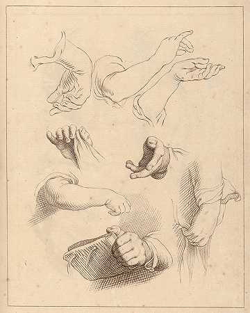 手的草图。`Sketches of Hands. (between 1715 and 1720) by Hamlet Winstanley