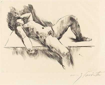 躺着的女性裸体pIII（躺着的女性裸体III）`Reclining Female Nude – III (Liegender Weiblicher Akt III) (1913) by Lovis Corinth
