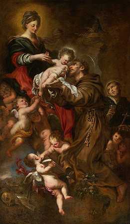 阿西西圣方济各崇拜的麦当娜和孩子`Madonna And Child Adored By Saint Francis Of Assisi by Domenico Piola