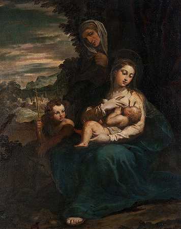圣母玛利亚和圣伊丽莎白的孩子，圣约翰的婴儿`The Virgin and Child with St Elizabeth and the Infant St John by Scarsellino