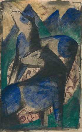 两匹蓝色的马`Two Blue Horses (1913) by Franz Marc