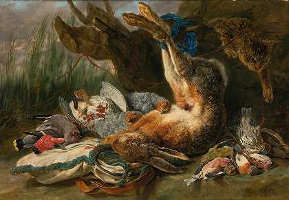 游戏中有一只野兔和各种野鸟，一只猫从右边靠近`Gamepiece With A Hare And Various Wild Birds, A Cat Approaching From The Right (1644) by Jan Fyt