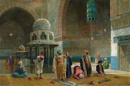 在开罗苏丹哈桑清真寺祈祷`Prayer in the mosque of Sultan Hasan, Cairo (1876) by Charles Robertson