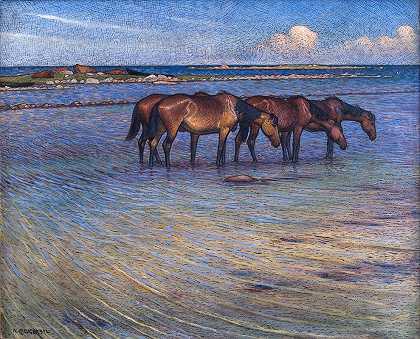 马在水中冷却`Horses Cooling Themselves in Water (1902) by Nils Kreuger