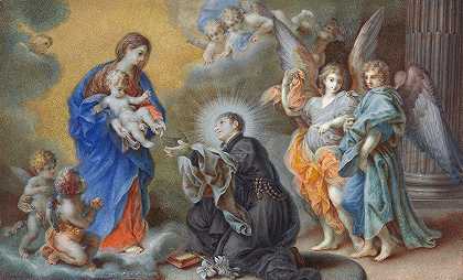 圣路易斯·冈萨加面前的麦当娜和孩子`Madonna and Child Appearing to Saint Louis Gonzaga (c. 1750) by Veronica Stern
